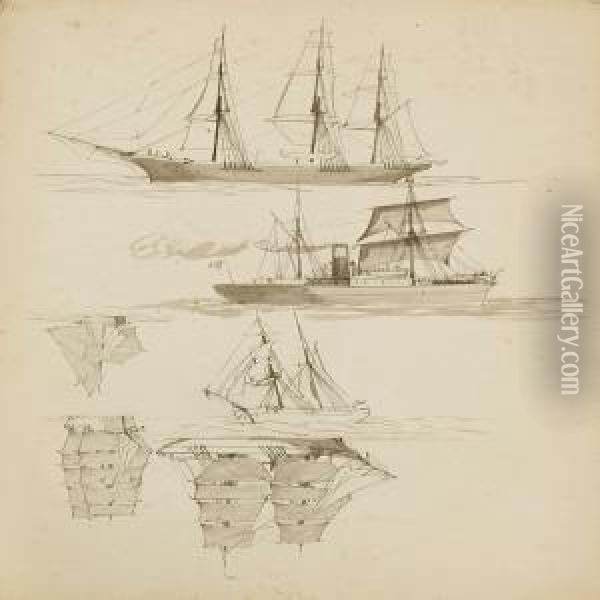 A Sketch Collection Of Sailing Ships, Landscapes And Oil Painting - Alfred Theodor Olsen
