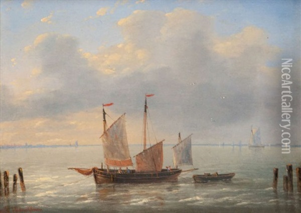 Zeilboot Met Sloep Bij Staketsel Bij Valavond Oil Painting - Louis Charles Verboeckhoven