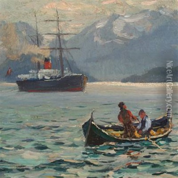 Scenery From Scoresby Sund With Steamer And Canoe Oil Painting - Emanuel A. Petersen