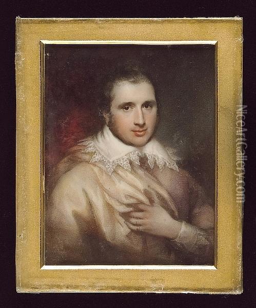 An Actor, Wearing Mauve Doublet, White Van Dyck Collar, Matching Cuff And Cream Cloak Over His Right Shoulder, His Left Hand Raised To His Chest, Crimson Curtain Background Oil Painting - Henry Collen