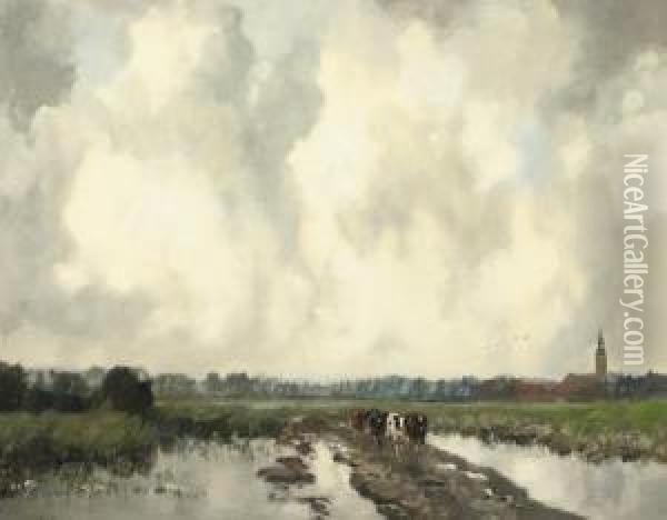 On The Outskirts Of Nieuwkoop With The Gemeentetoren In The Background Oil Painting - Louis Willem Van Soest