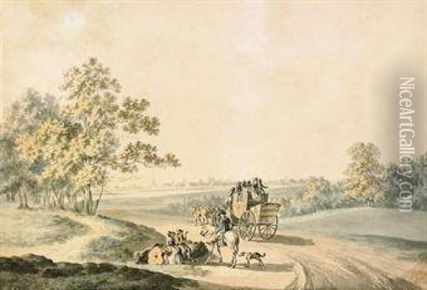 A Crowded Stagecoach Making Its Way Towards Oxford Oil Painting - Samuel Howitt