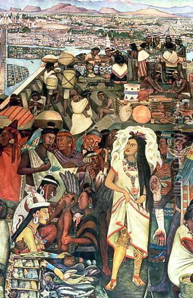 The Market of Tlatelolco including Dona Marina figure, part of the series, Epic of the Mexican People, 1929-35 Oil Painting - Diego Rivera