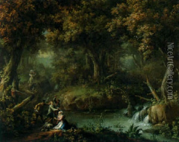Bandits Attacking A Peasant Couple On A Wooded Track By A Stream Oil Painting - Johann Christian Brand