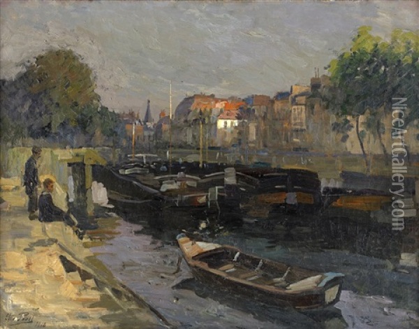 By The Canal Saint Martin In Paris Oil Painting - Elie Anatole Pavil