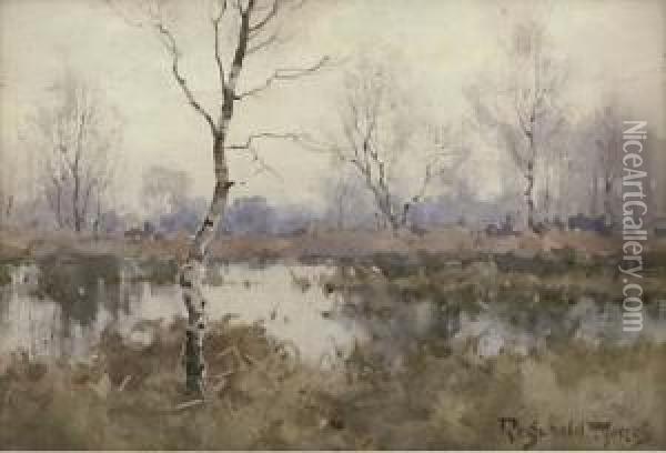 Silver Birches In A Marsh Landscape Oil Painting - Reginald T. Jones