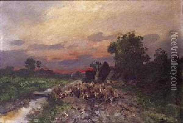 Sheep On Their Way To Pasture Oil Painting - Adolf Kaufmann