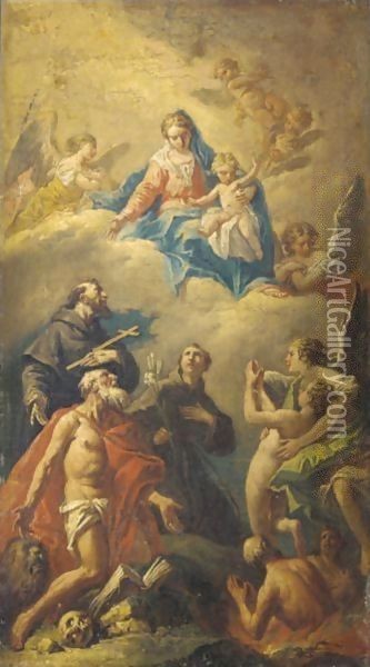 The Madonna And Child With Saints Jerome, Francis And Anthony Of Padua Interceding For Souls In Purgatory Oil Painting - Gaspare Diziani