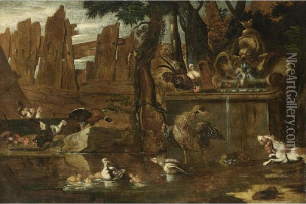 A Hunting Still Life With A Hare, A Cockerel, Partridges, Pigeons, In A Park Setting Oil Painting - Jan Weenix