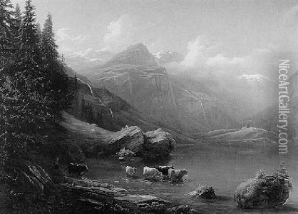 Gebirgslandschaft Mit Kuhen An Einem See Oil Painting - Charles Louis Guigon