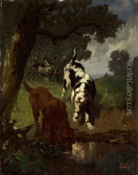 Drei Jagdhunde An Der Tranke Oil Painting - Gustave Courbet