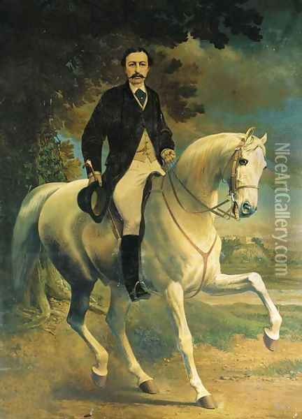 Equestrian Portrait of Henry Robert Clifton, on a grey horse, in a landscape, with Clifton Castle, Nottinghamshire, beyond Oil Painting - Alfred F. De Prades