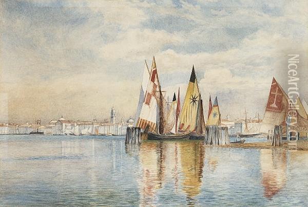 Moored Vessels, Venice Oil Painting - Henry Roderick Newman