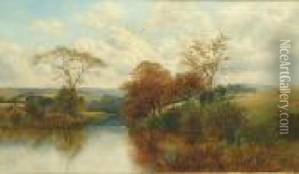 A Lakeland Landscape With 
Figures; An Extensive River Landscape With Cattle And Sheep Grazing Oil Painting - William Mellor