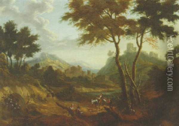 An Extensive Hilly Landscape With A Traveller And Peasants By A Track, A Town Beyond Oil Painting - Jan Frans van Bloemen