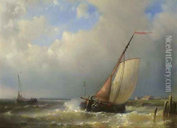 A barge in a stiff breeze Oil Painting - Abraham Hulk Jun.