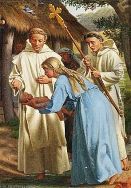 Ansgar Dober Ung Moder Og Hendes Barn (study) Oil Painting - Christen Dalsgaard