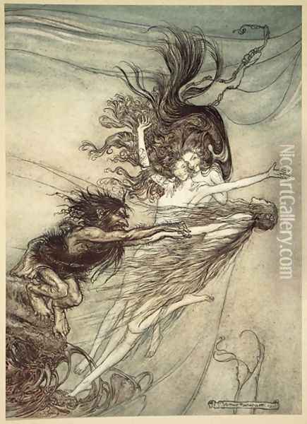The Rhinemaidens teasing Alberich, illustration from The Rhinegold and the Valkyrie, 1910 Oil Painting - Arthur Rackham