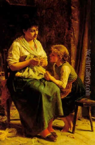 La Lezione Di Trecca (the Weaving Lesson) Oil Painting - Luigi Bechi