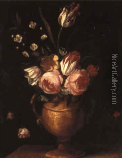 A Still Life Of Roses And Other Flowers In A Vase On A Stone Ledge Oil Painting - Jacques Linard
