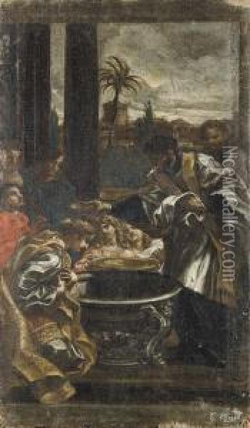 San Francesco Xavier Battezza Una Regina Orientale Oil Painting - Giovanni Battista (Baciccio) Gaulli