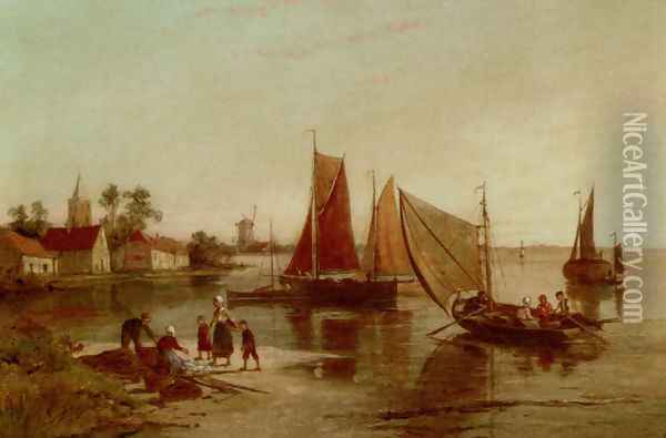 Dutch Fisherfolk Sorting The Catch Oil Painting - William Raymond Dommersen