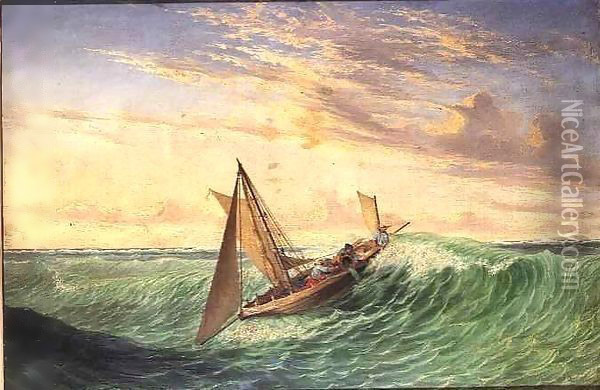 Messenger's Long boat running through the reefs of the Crocodile Islands Oil Painting - Thomas Baines