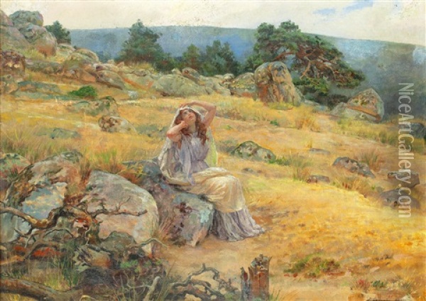 Bergslandskap Med Kvinnofigur Oil Painting - Jose Garnelo Y Alda