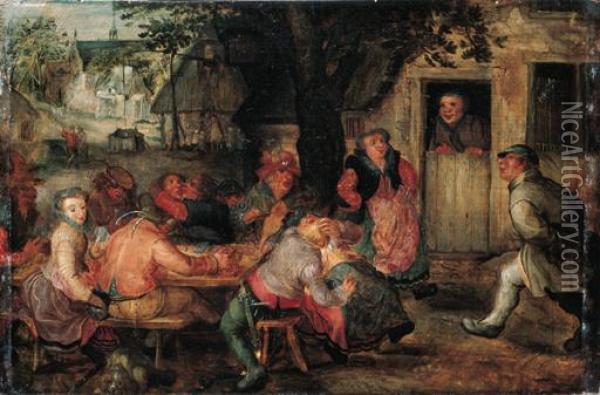 Boors Merrymaking Outside An Inn Oil Painting - David Vinckboons