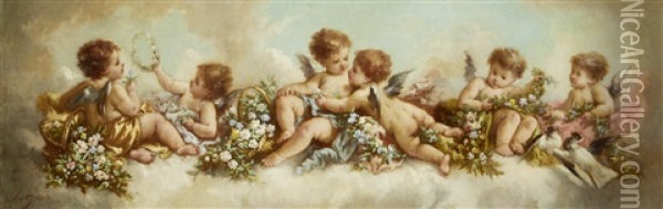 Amorini Amidst Garlands On A Cloud Oil Painting - Charles Augustus Henry Lutyens