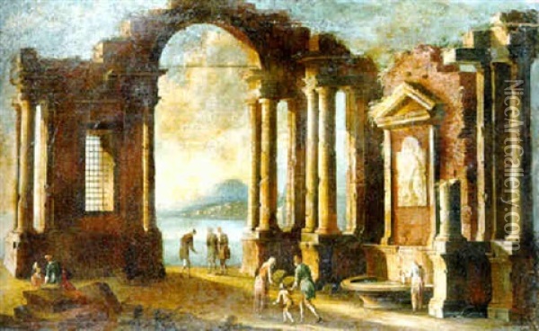Mediterranean Harbor With Figures Among Classical Ruins Oil Painting - Gennaro Greco