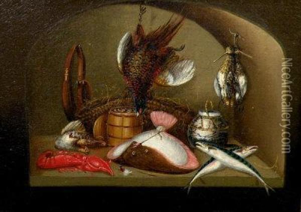 A Game Larder With Hare, Pheasant, And Teal Oil Painting - Benjamin Blake