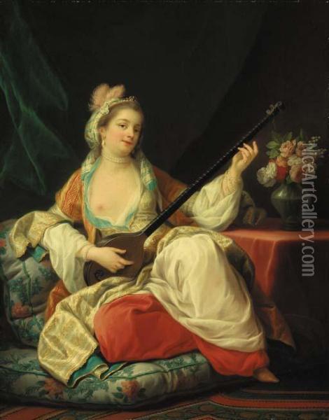 A Sultana, Reclining On A Cushion, Playing A Lute Oil Painting - Carle van Loo