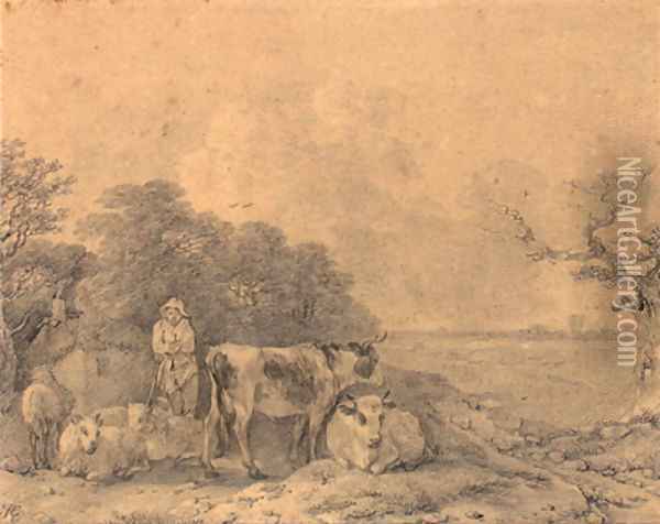 Herdsman with cows and sheep outside a cottage at the edge of a wood Oil Painting - Thomas Gainsborough
