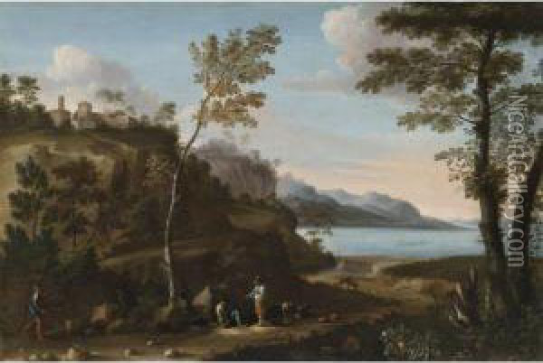 A Wooded Landscape With Peasants Resting On A Track, A Lakebeyond Oil Painting - Jan Miel