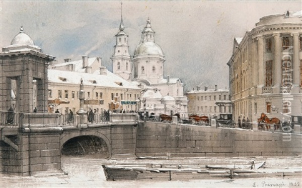 River Fontanka And Lomonosov Bridge Oil Painting - Luigi Premazzi