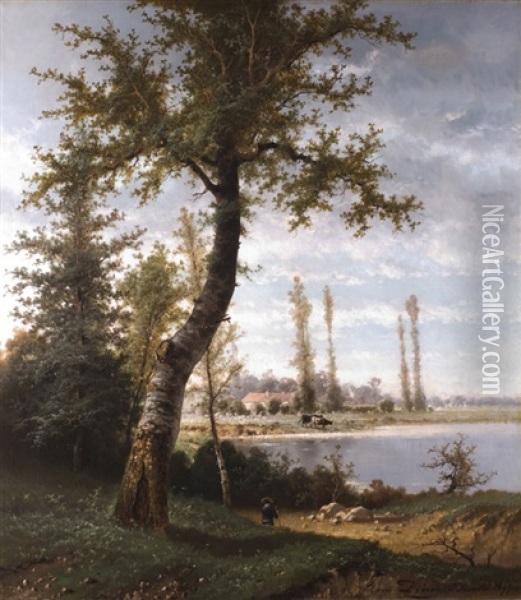 Baumlandschaft Mit Flussufer, Kuhen Und Einem Hirten Oil Painting - Henri Joseph Pieron