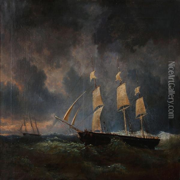 Seascape With Sailing Ships In Rough Sea Oil Painting - Egidius Linnig