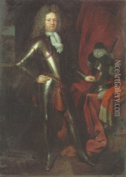 Portrait Of A Commander (comte De Martigny?) In Armour, His Helm On A Draped Table Beside Him Oil Painting - Constantyn Netscher