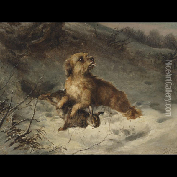 A Dandy Dinmont In The Snow With A Rabbit Oil Painting - Thomas William Earl