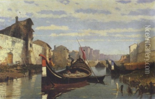 Livorno, Trasporto Sul Canale, 1883 Oil Painting - Ugo Manaresi