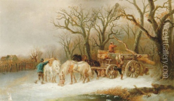 Vinterlandskap Med Man Och Hastar Vid Vagn Med Timmer Oil Painting - Alexis de Leeuw
