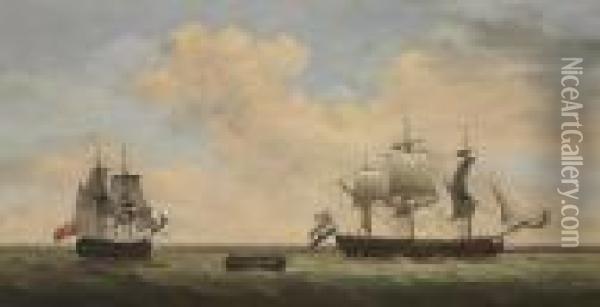 A Royal Navy 14-gun Brig Accepting The Surrender Of A Dutch Eastindiaman Oil Painting - Francis Holman