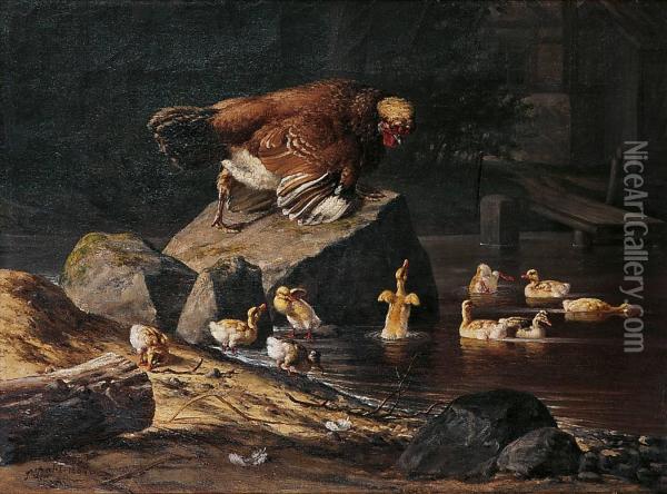 Poule Et Petits Canards Oil Painting - Siegwald Johannes Dahl