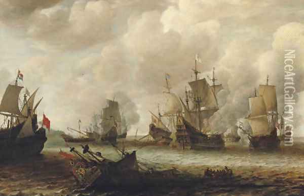 A naval battle between Dutch and Spanish men o'war Oil Painting - Jan Abrahamsz. Beerstraaten
