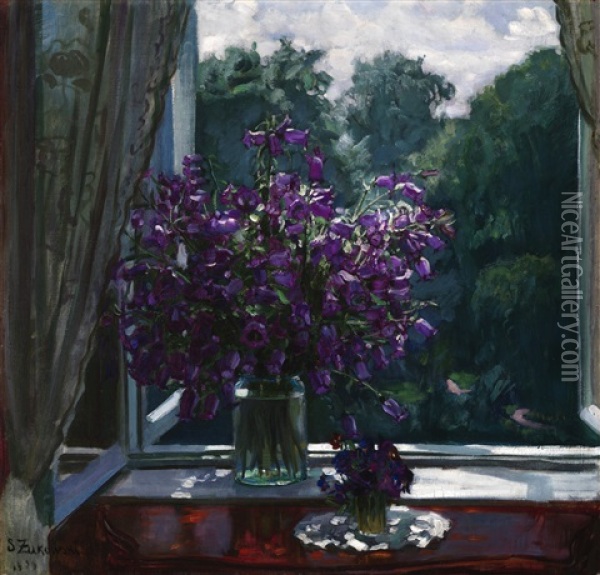 Bluebells By The Window Oil Painting - Stanislav Yulianovich Zhukovsky