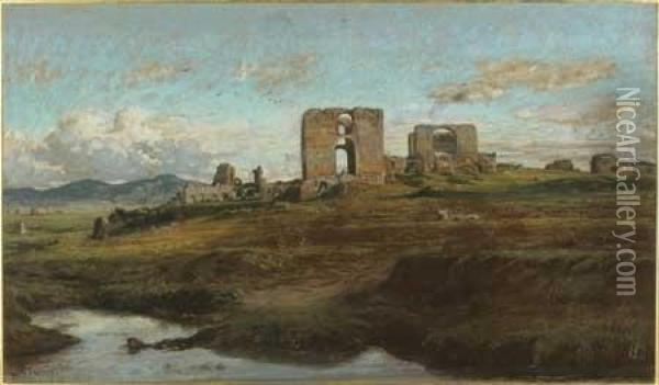 Ruines De L'aqueduc De Claude Dans La Campagne Oil Painting - Felix Hippolyte Lanoue