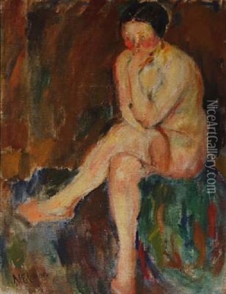Seated Nude And Sketch Of A Female Model On The Reverse Oil Painting - Erik Niels Lange