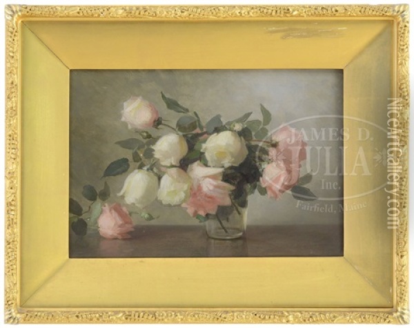Arrangement Of White And Pink Roses In A Glass Vase Oil Painting - Anna Eliza Hardy