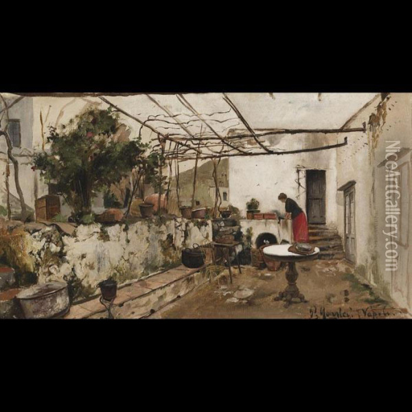 Woman On A Vine Covered Terrace Oil Painting - Peder Mork Monsted